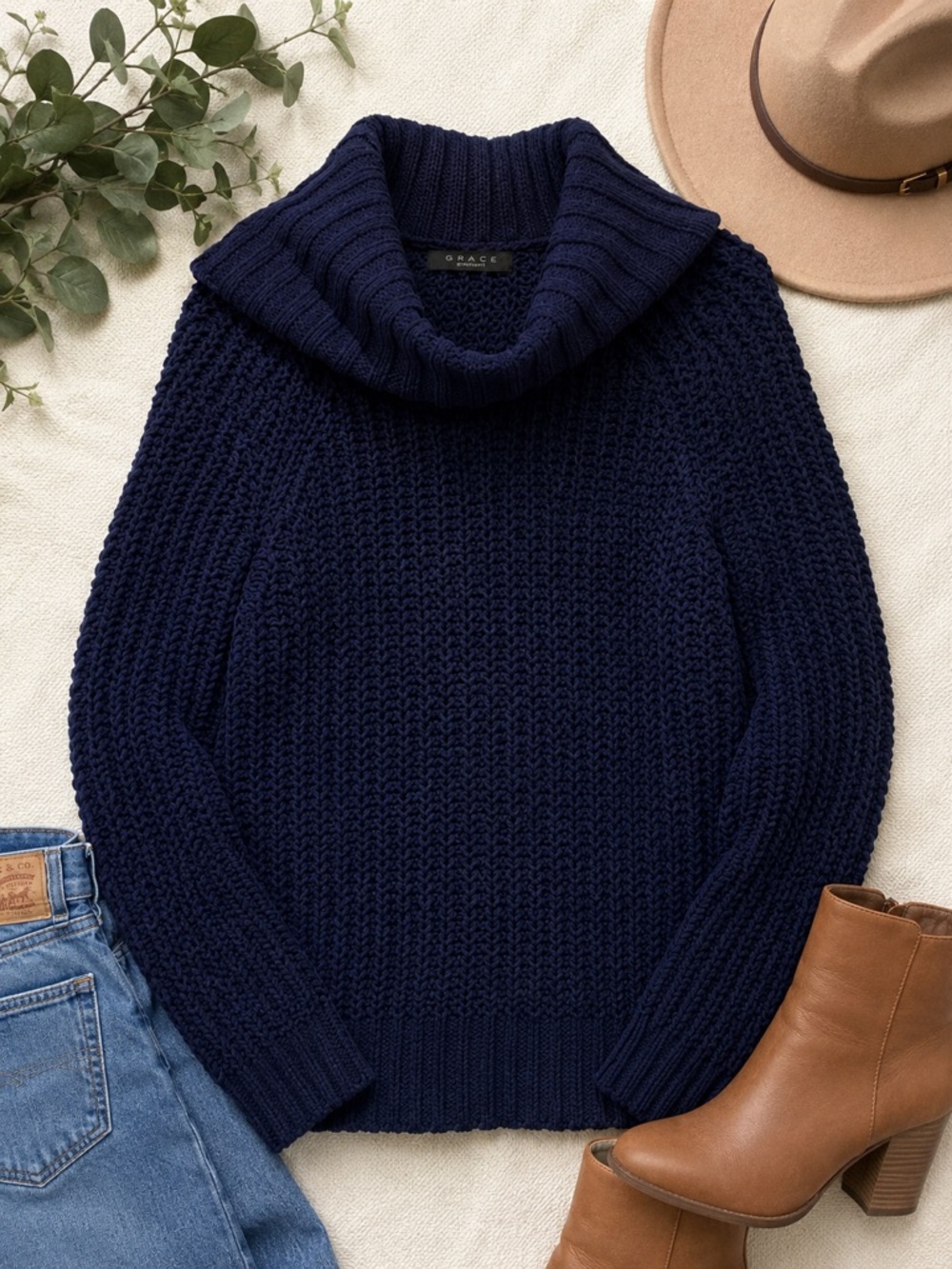 Grace Elements Cozy Chunky Knit Sweater Large Navy Blue Foldover Cowl Neck